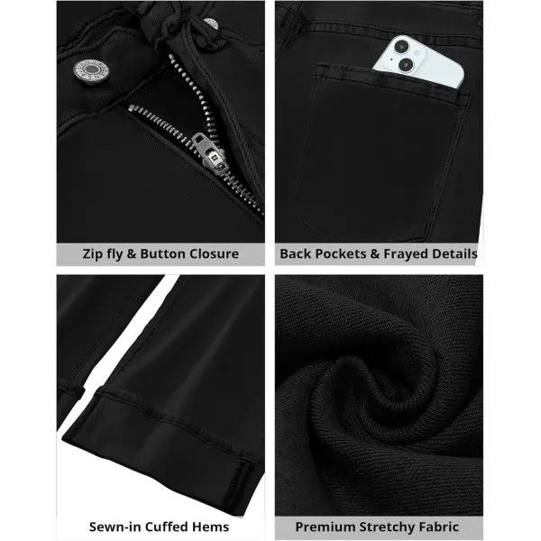 GRAPENT Wide Leg Jeans for Women High Waisted Stretchy Denim Capri Pants Fold Hem Cropped Baggy Capris Jeans with PocketTrue Black