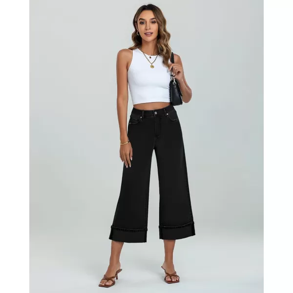 GRAPENT Wide Leg Jeans for Women High Waisted Stretchy Denim Capri Pants Fold Hem Cropped Baggy Capris Jeans with PocketTrue Black