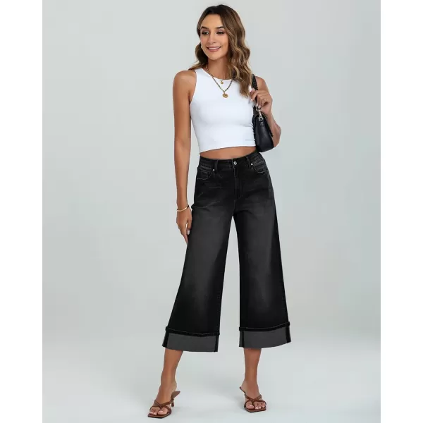 GRAPENT Wide Leg Jeans for Women High Waisted Stretchy Denim Capri Pants Fold Hem Cropped Baggy Capris Jeans with PocketWashed Black