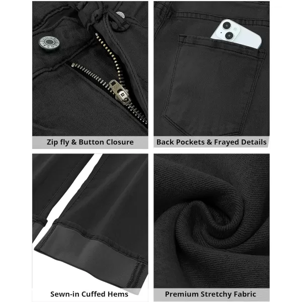 GRAPENT Wide Leg Jeans for Women High Waisted Stretchy Denim Capri Pants Fold Hem Cropped Baggy Capris Jeans with PocketWashed Black