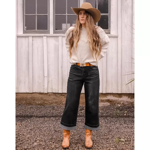 GRAPENT Wide Leg Jeans for Women High Waisted Stretchy Denim Capri Pants Fold Hem Cropped Baggy Capris Jeans with PocketWashed Black