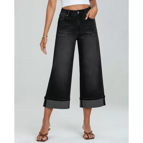 GRAPENT Wide Leg Jeans for Women High Waisted Stretchy Denim Capri Pants Fold Hem Cropped Baggy Capris Jeans with PocketWashed Black