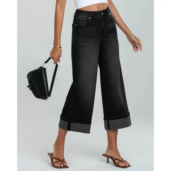 GRAPENT Wide Leg Jeans for Women High Waisted Stretchy Denim Capri Pants Fold Hem Cropped Baggy Capris Jeans with PocketWashed Black