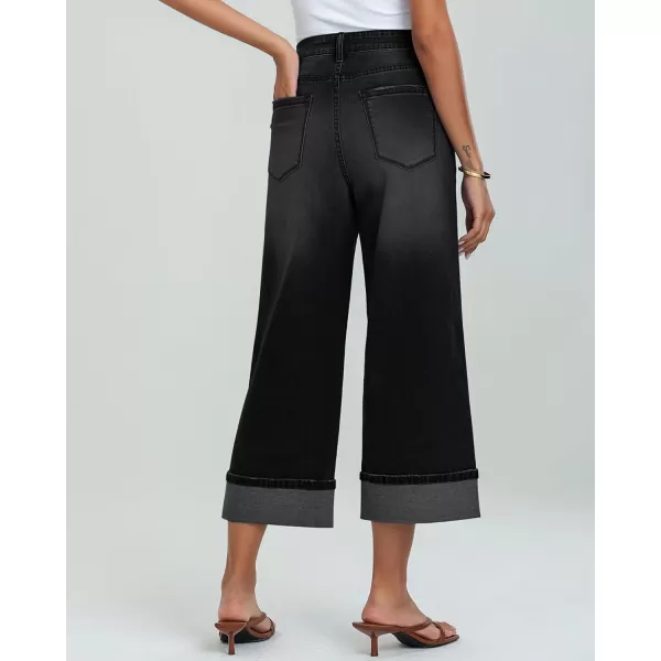 GRAPENT Wide Leg Jeans for Women High Waisted Stretchy Denim Capri Pants Fold Hem Cropped Baggy Capris Jeans with PocketWashed Black