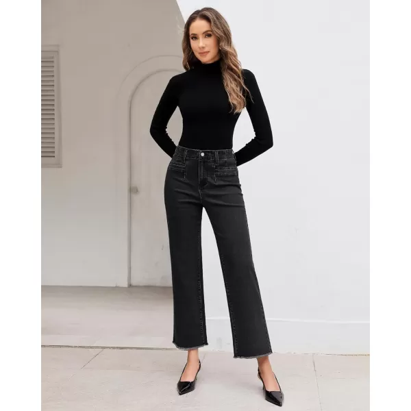 GRAPENT Wide Leg Jeans for Women High Waisted Trendy Jeans Denim Pants Stretchy Baggy with PocketsWashed Black
