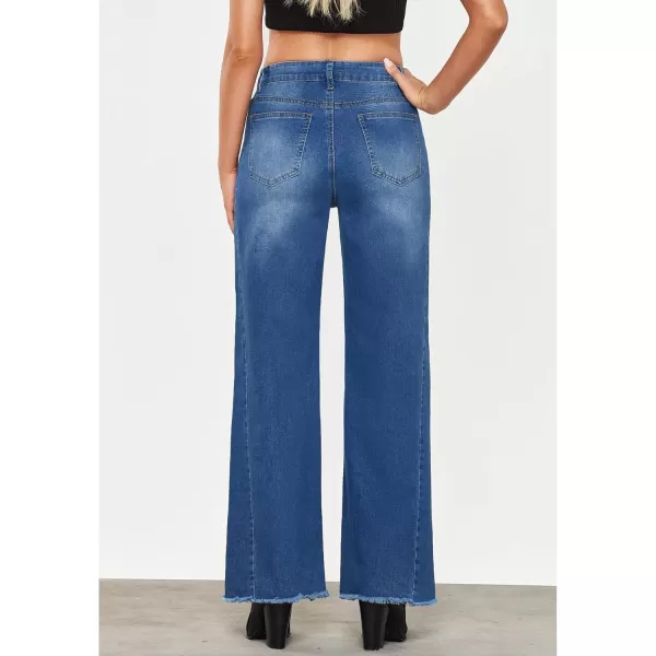GRAPENT Wide Leg Jeans for Women High Waisted Trendy Strechy Denim Pants Side Seam Frayed Hem Baggy Work Trouser JeansClassic Blue