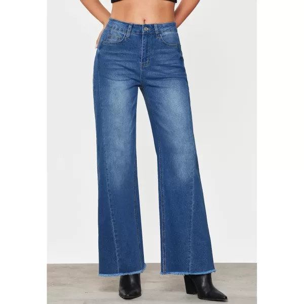 GRAPENT Wide Leg Jeans for Women High Waisted Trendy Strechy Denim Pants Side Seam Frayed Hem Baggy Work Trouser JeansClassic Blue