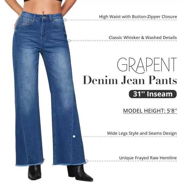 GRAPENT Wide Leg Jeans for Women High Waisted Trendy Strechy Denim Pants Side Seam Frayed Hem Baggy Work Trouser JeansClassic Blue