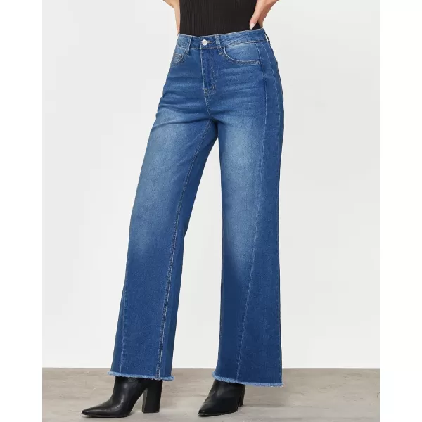 GRAPENT Wide Leg Jeans for Women High Waisted Trendy Strechy Denim Pants Side Seam Frayed Hem Baggy Work Trouser JeansClassic Blue
