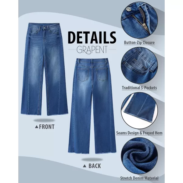 GRAPENT Wide Leg Jeans for Women High Waisted Trendy Strechy Denim Pants Side Seam Frayed Hem Baggy Work Trouser JeansClassic Blue