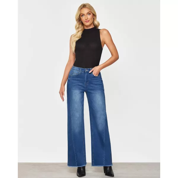 GRAPENT Wide Leg Jeans for Women High Waisted Trendy Strechy Denim Pants Side Seam Frayed Hem Baggy Work Trouser JeansClassic Blue