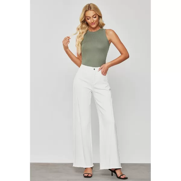 GRAPENT Wide Leg Jeans for Women High Waisted Trendy Strechy Denim Pants Side Seam Frayed Hem Baggy Work Trouser JeansCream White