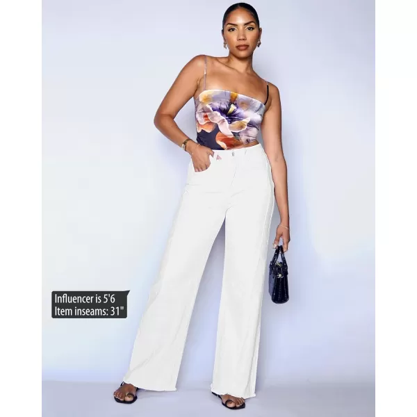 GRAPENT Wide Leg Jeans for Women High Waisted Trendy Strechy Denim Pants Side Seam Frayed Hem Baggy Work Trouser JeansCream White