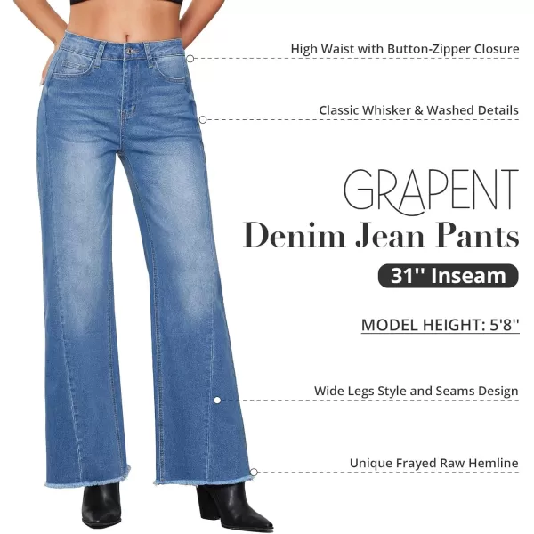 GRAPENT Wide Leg Jeans for Women High Waisted Trendy Strechy Denim Pants Side Seam Frayed Hem Baggy Work Trouser JeansMedium Blue