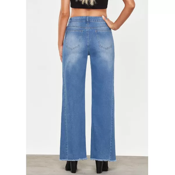GRAPENT Wide Leg Jeans for Women High Waisted Trendy Strechy Denim Pants Side Seam Frayed Hem Baggy Work Trouser JeansMedium Blue