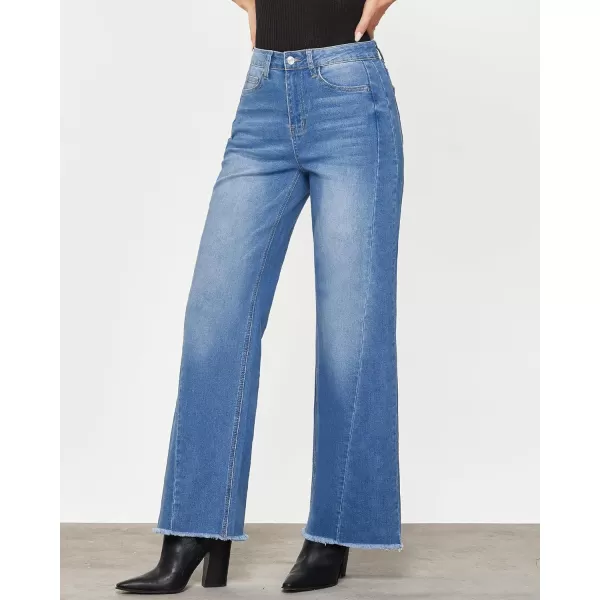 GRAPENT Wide Leg Jeans for Women High Waisted Trendy Strechy Denim Pants Side Seam Frayed Hem Baggy Work Trouser JeansMedium Blue
