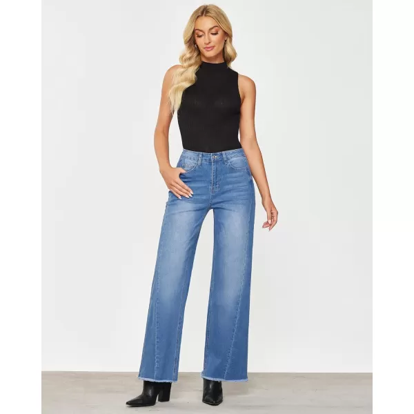 GRAPENT Wide Leg Jeans for Women High Waisted Trendy Strechy Denim Pants Side Seam Frayed Hem Baggy Work Trouser JeansMedium Blue
