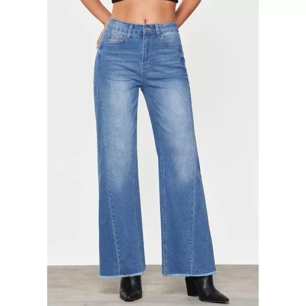 GRAPENT Wide Leg Jeans for Women High Waisted Trendy Strechy Denim Pants Side Seam Frayed Hem Baggy Work Trouser JeansMedium Blue