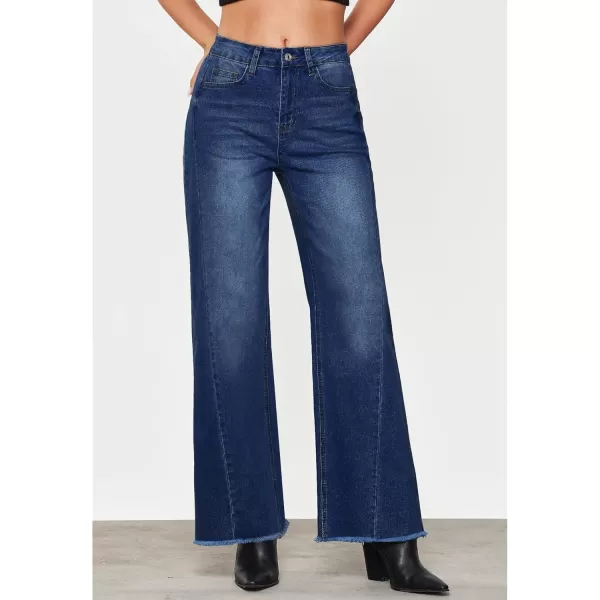 GRAPENT Wide Leg Jeans for Women High Waisted Trendy Strechy Denim Pants Side Seam Frayed Hem Baggy Work Trouser JeansNightfall Blue