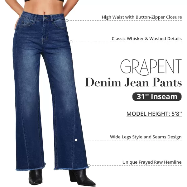 GRAPENT Wide Leg Jeans for Women High Waisted Trendy Strechy Denim Pants Side Seam Frayed Hem Baggy Work Trouser JeansNightfall Blue