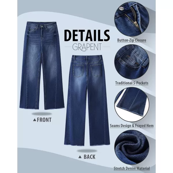 GRAPENT Wide Leg Jeans for Women High Waisted Trendy Strechy Denim Pants Side Seam Frayed Hem Baggy Work Trouser JeansNightfall Blue
