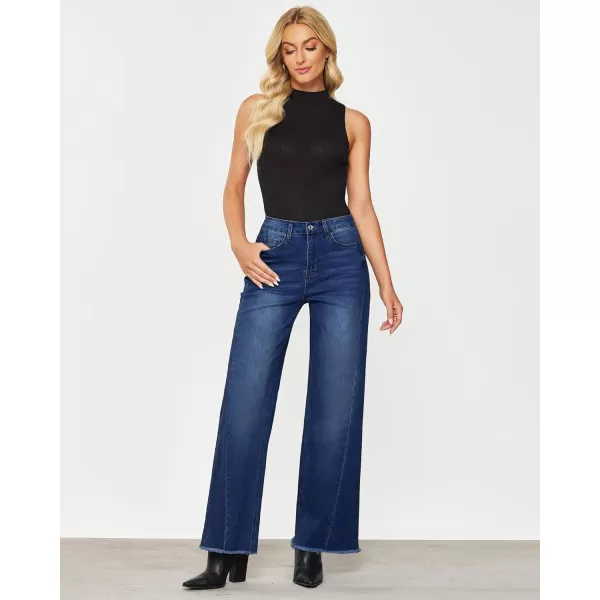 GRAPENT Wide Leg Jeans for Women High Waisted Trendy Strechy Denim Pants Side Seam Frayed Hem Baggy Work Trouser JeansNightfall Blue
