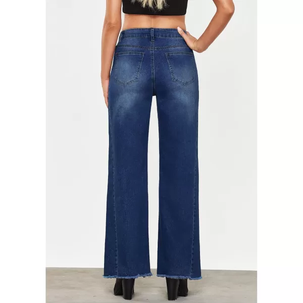 GRAPENT Wide Leg Jeans for Women High Waisted Trendy Strechy Denim Pants Side Seam Frayed Hem Baggy Work Trouser JeansNightfall Blue