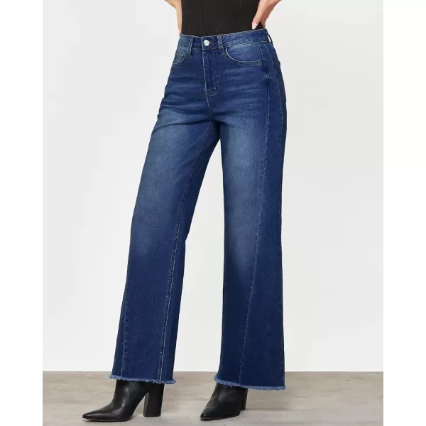 GRAPENT Wide Leg Jeans for Women High Waisted Trendy Strechy Denim Pants Side Seam Frayed Hem Baggy Work Trouser JeansNightfall Blue