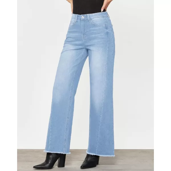 GRAPENT Wide Leg Jeans for Women High Waisted Trendy Strechy Denim Pants Side Seam Frayed Hem Baggy Work Trouser JeansSky Blue