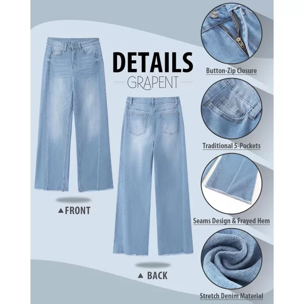 GRAPENT Wide Leg Jeans for Women High Waisted Trendy Strechy Denim Pants Side Seam Frayed Hem Baggy Work Trouser JeansSky Blue