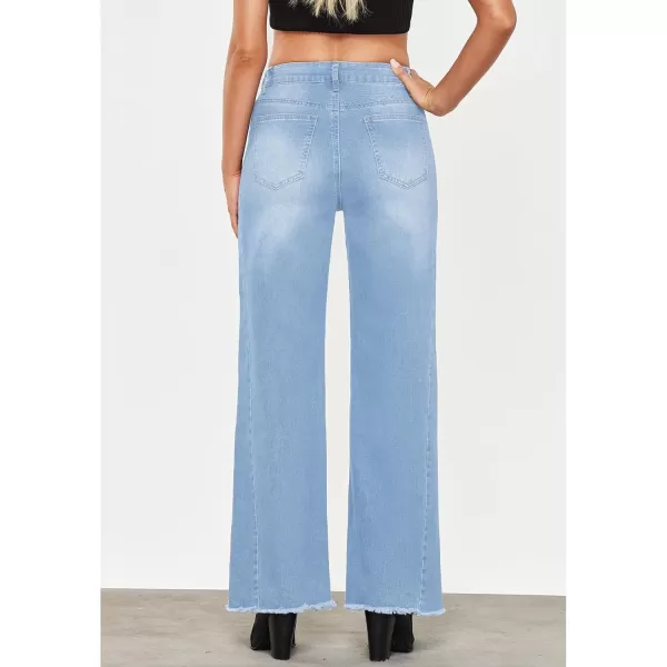 GRAPENT Wide Leg Jeans for Women High Waisted Trendy Strechy Denim Pants Side Seam Frayed Hem Baggy Work Trouser JeansSky Blue