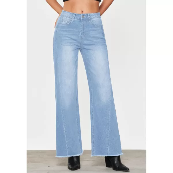 GRAPENT Wide Leg Jeans for Women High Waisted Trendy Strechy Denim Pants Side Seam Frayed Hem Baggy Work Trouser JeansSky Blue