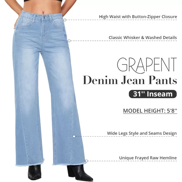 GRAPENT Wide Leg Jeans for Women High Waisted Trendy Strechy Denim Pants Side Seam Frayed Hem Baggy Work Trouser JeansSky Blue