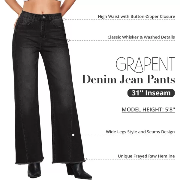 GRAPENT Wide Leg Jeans for Women High Waisted Trendy Strechy Denim Pants Side Seam Frayed Hem Baggy Work Trouser JeansWashed Black