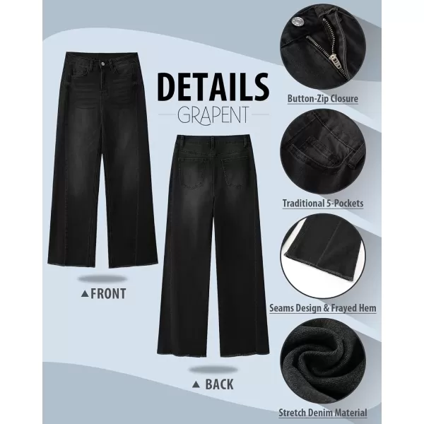 GRAPENT Wide Leg Jeans for Women High Waisted Trendy Strechy Denim Pants Side Seam Frayed Hem Baggy Work Trouser JeansWashed Black