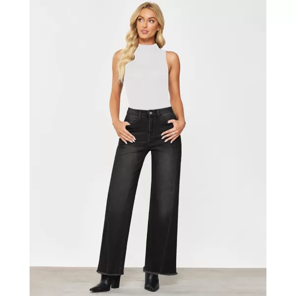 GRAPENT Wide Leg Jeans for Women High Waisted Trendy Strechy Denim Pants Side Seam Frayed Hem Baggy Work Trouser JeansWashed Black