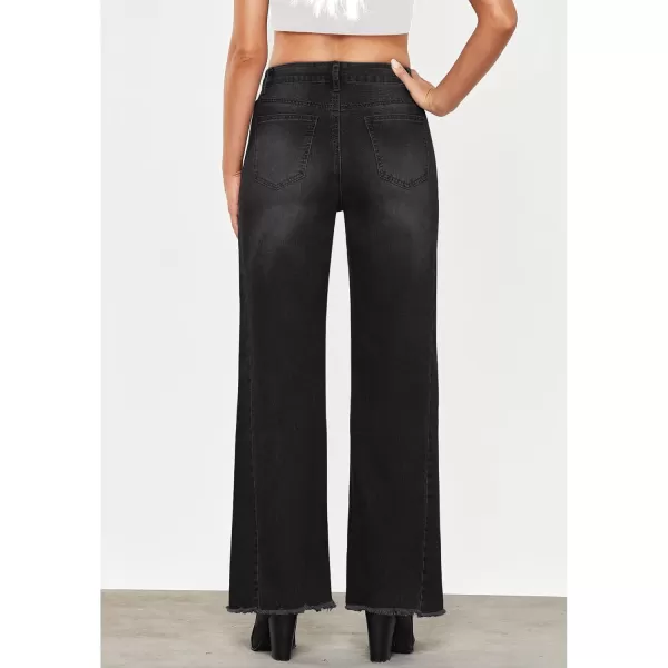 GRAPENT Wide Leg Jeans for Women High Waisted Trendy Strechy Denim Pants Side Seam Frayed Hem Baggy Work Trouser JeansWashed Black