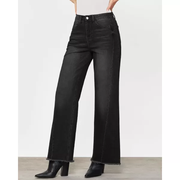 GRAPENT Wide Leg Jeans for Women High Waisted Trendy Strechy Denim Pants Side Seam Frayed Hem Baggy Work Trouser JeansWashed Black