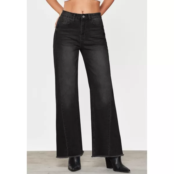 GRAPENT Wide Leg Jeans for Women High Waisted Trendy Strechy Denim Pants Side Seam Frayed Hem Baggy Work Trouser JeansWashed Black