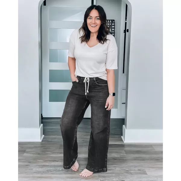 GRAPENT Wide Leg Jeans for Women Stretch High Wasited Elastic Waist Bell Bottom Baggy Y2K PantsBlack