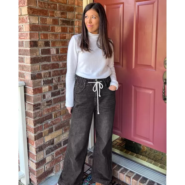 GRAPENT Wide Leg Jeans for Women Stretch High Wasited Elastic Waist Bell Bottom Baggy Y2K PantsBlack