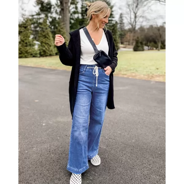 GRAPENT Wide Leg Jeans for Women Stretch High Wasited Elastic Waist Bell Bottom Baggy Y2K PantsClassic Blue