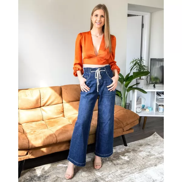 GRAPENT Wide Leg Jeans for Women Stretch High Wasited Elastic Waist Bell Bottom Baggy Y2K PantsDarkness Blue