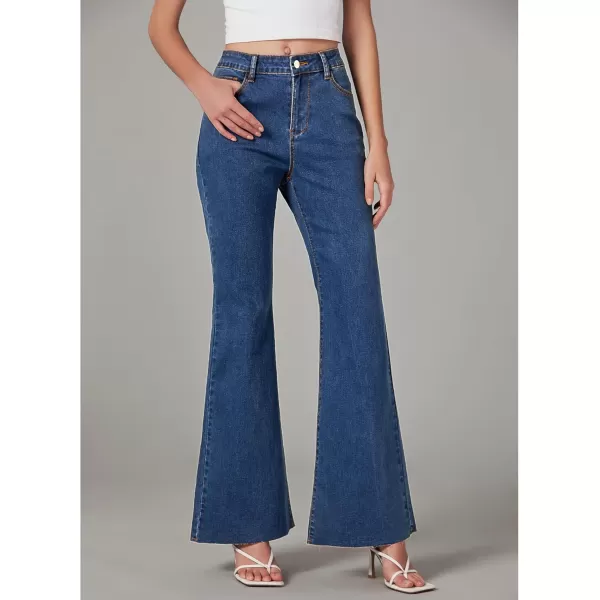 GRAPENT Wide Leg Jeans for Women Trendy High Waisted Flare Stretchy Bell Bottom Denim Pants Baggy Raw Hem Trouser JeansClassic Blue