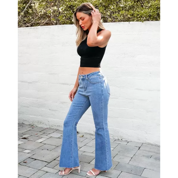 GRAPENT Wide Leg Jeans for Women Trendy High Waisted Flare Stretchy Bell Bottom Denim Pants Baggy Raw Hem Trouser JeansMedium Blue