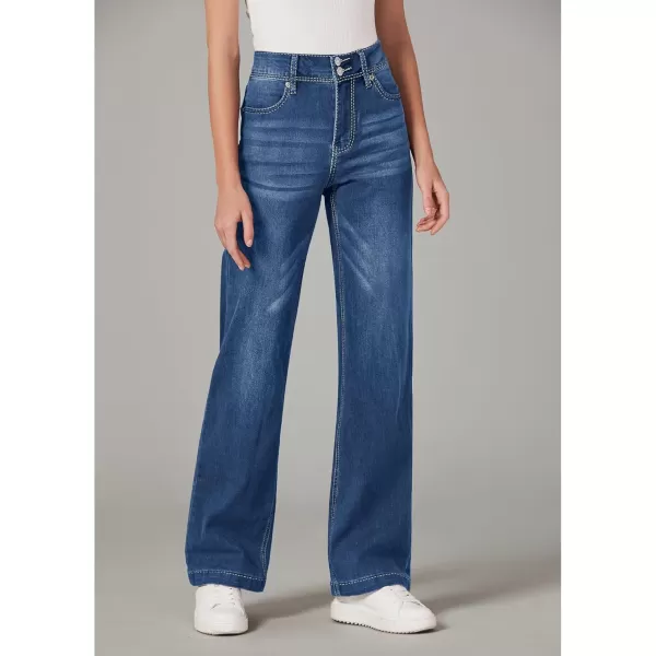 GRAPENT Wide Leg Jeans for Women Trendy High Waisted Flare Stretchy Denim Pants Baggy Dual Button Trouser Jeans PocketsDark Blue