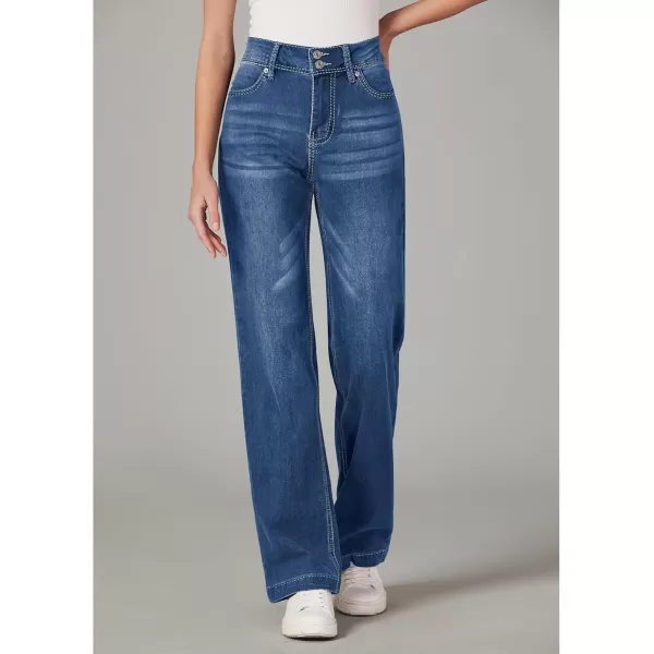 GRAPENT Wide Leg Jeans for Women Trendy High Waisted Flare Stretchy Denim Pants Baggy Dual Button Trouser Jeans PocketsDark Blue