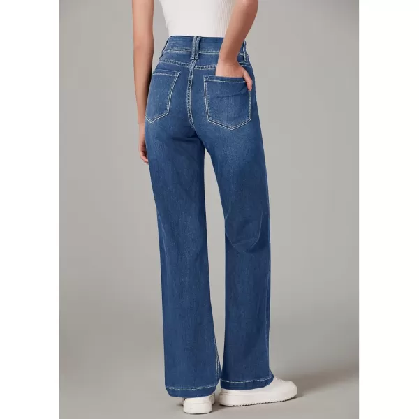 GRAPENT Wide Leg Jeans for Women Trendy High Waisted Flare Stretchy Denim Pants Baggy Dual Button Trouser Jeans PocketsDark Blue