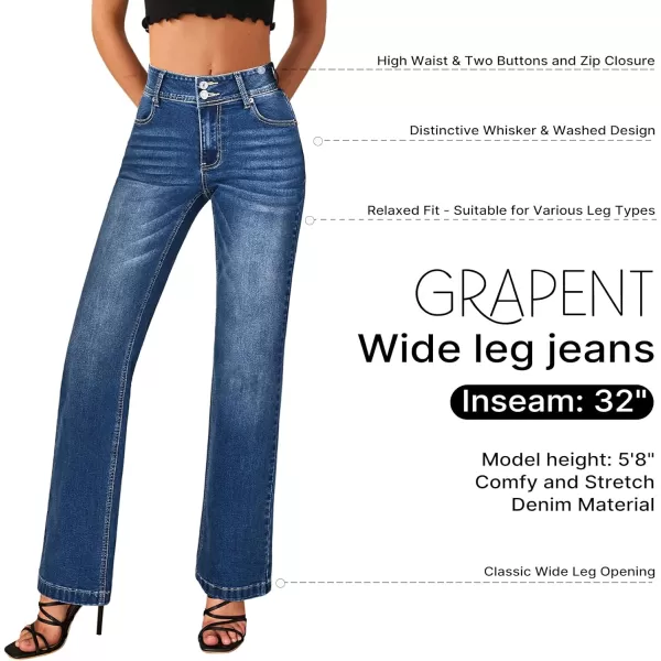GRAPENT Wide Leg Jeans for Women Trendy High Waisted Flare Stretchy Denim Pants Baggy Dual Button Trouser Jeans PocketsDark Blue