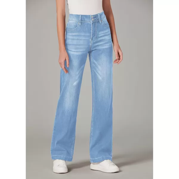 GRAPENT Wide Leg Jeans for Women Trendy High Waisted Flare Stretchy Denim Pants Baggy Dual Button Trouser Jeans PocketsIndigo Medium Blue